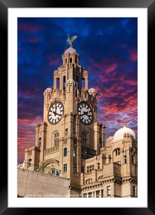 Liverpool's iconic Royal Liver Building at dusk with dramatic pink and blue sky Framed Mounted Print by Man And Life