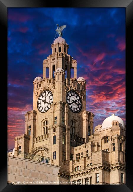 Liverpool's iconic Royal Liver Building at dusk with dramatic pink and blue sky Framed Print by Man And Life