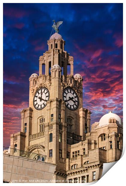 Liverpool's iconic Royal Liver Building at dusk with dramatic pink and blue sky Print by Man And Life