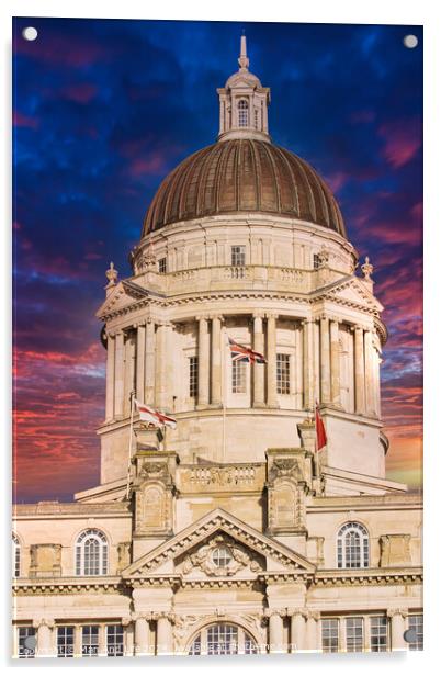 Historic building with a dome against a dramatic sunset sky in Liverpool, UK. Acrylic by Man And Life