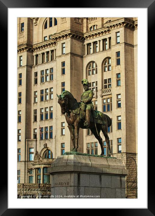 Equestrian statue in front of a historic building with intricate architecture in Liverpool, UK. Framed Mounted Print by Man And Life