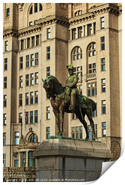 Equestrian statue in front of a historic building with intricate architecture in Liverpool, UK. Print by Man And Life