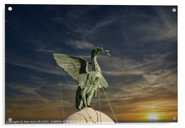 Bronze statue of an angel with outstretched wings against a vibrant sunset sky in Liverpool, UK. Acrylic by Man And Life