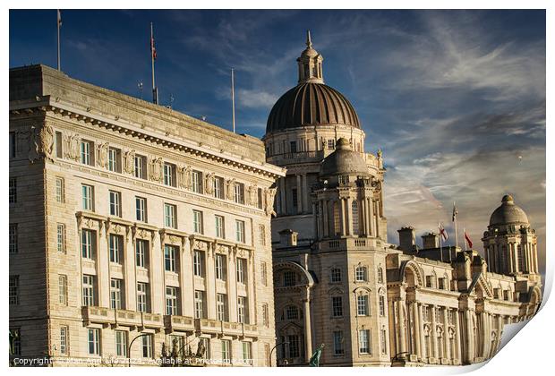 Historic architecture with a dome under a blue sky with clouds in Liverpool, UK. Print by Man And Life