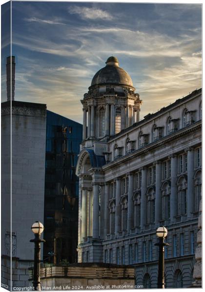 Historic building with dome at dusk, cityscape with warm lighting and clear sky in Liverpool, UK. Canvas Print by Man And Life