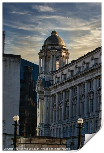 Historic building with dome at dusk, cityscape with warm lighting and clear sky in Liverpool, UK. Print by Man And Life