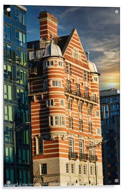 Traditional red brick building juxtaposed with modern glass facade architecture at sunset in Liverpool, UK. Acrylic by Man And Life