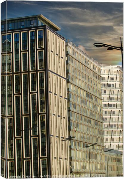 Modern urban architecture with reflective glass facade and contrasting building designs under a blue sky with clouds in Liverpool, UK. Canvas Print by Man And Life