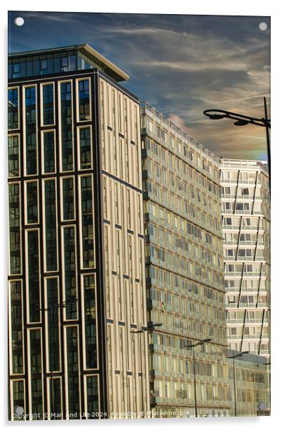 Modern urban architecture with reflective glass facade and contrasting building designs under a blue sky with clouds in Liverpool, UK. Acrylic by Man And Life