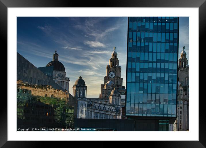Contrast of old and new architecture with historic domes beside a modern glass skyscraper against a dusk sky in Liverpool, UK. Framed Mounted Print by Man And Life
