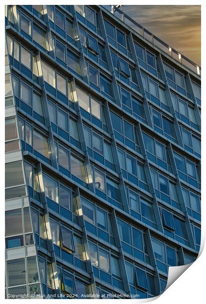Modern office building facade with reflective glass windows against a twilight sky in Liverpool, UK. Print by Man And Life