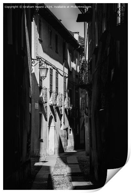 Old street in Orta Italy monochrome Print by Graham Moore