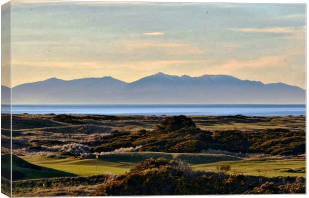 Royal Troon Golf Course and Arran mountains Canvas Print by Allan Durward Photography