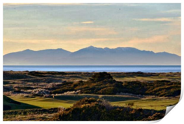 Royal Troon Golf Course and Arran mountains Print by Allan Durward Photography