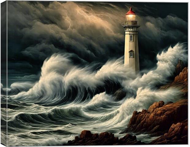 Lighthouse In Rough Weather Canvas Print by Anne Macdonald