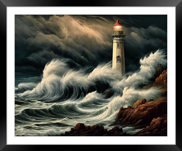 Lighthouse In Rough Weather Framed Mounted Print by Anne Macdonald