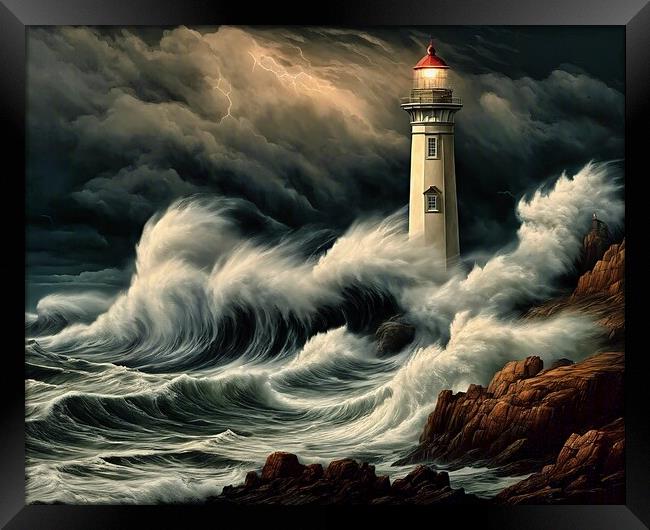 Lighthouse In Rough Weather Framed Print by Anne Macdonald