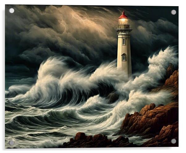 Lighthouse In Rough Weather Acrylic by Anne Macdonald