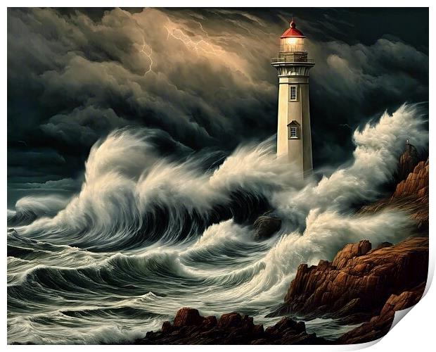 Lighthouse In Rough Weather Print by Anne Macdonald