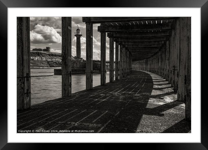Under Whitby West pier monochrome Framed Mounted Print by Paul Edney