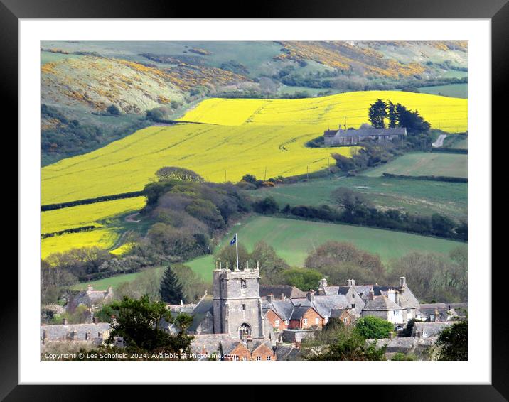 Corfe Village and yellow field  Framed Mounted Print by Les Schofield