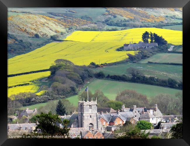 Corfe Village and yellow field  Framed Print by Les Schofield