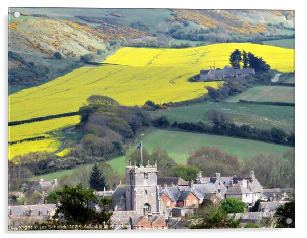 Corfe Village and yellow field  Acrylic by Les Schofield