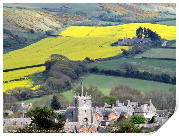 Corfe Village and yellow field  Print by Les Schofield