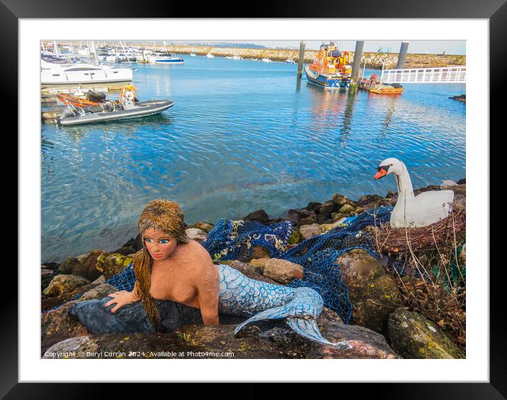 The Brixham Mermaid and Swan Framed Mounted Print by Beryl Curran