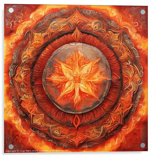 Mandala illustration in red and orange. Acrylic by Luigi Petro