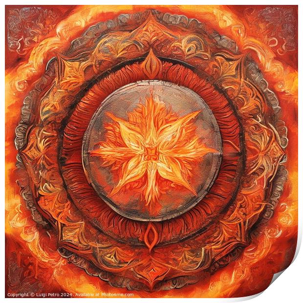 Mandala illustration in red and orange. Print by Luigi Petro