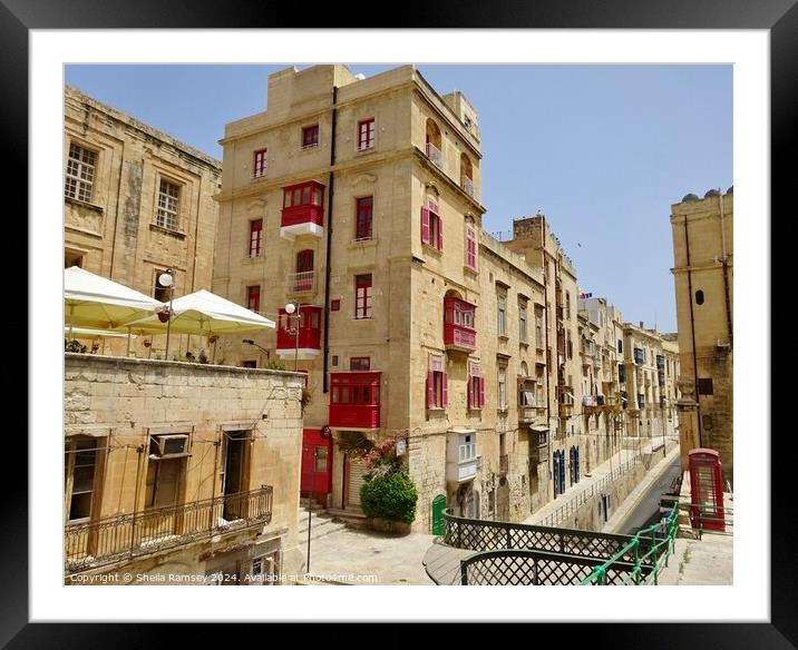 Red Balconies Valletta Framed Mounted Print by Sheila Ramsey