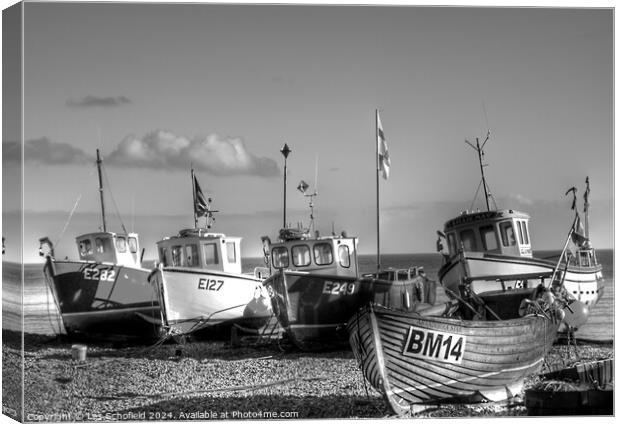 Boats in Beer Devon Mono Canvas Print by Les Schofield