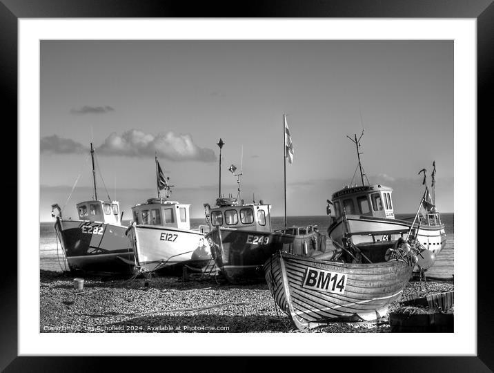 Boats in Beer Devon Mono Framed Mounted Print by Les Schofield