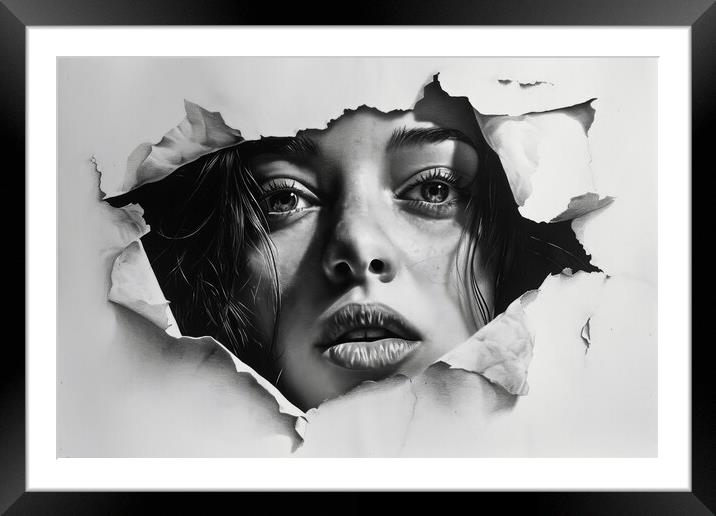 A pencil painting of a woman coming out of the paper. Framed Mounted Print by Michael Piepgras