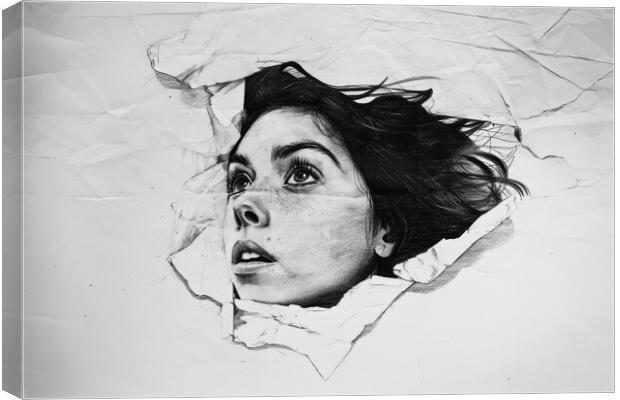 A pencil painting of a woman coming out of the paper. Canvas Print by Michael Piepgras