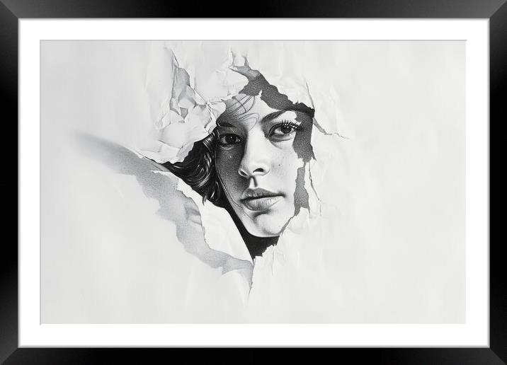 A pencil painting of a woman coming out of the paper. Framed Mounted Print by Michael Piepgras