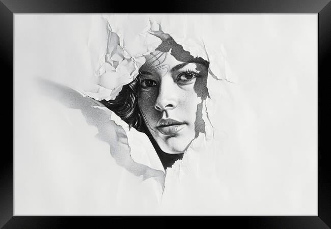 A pencil painting of a woman coming out of the paper. Framed Print by Michael Piepgras