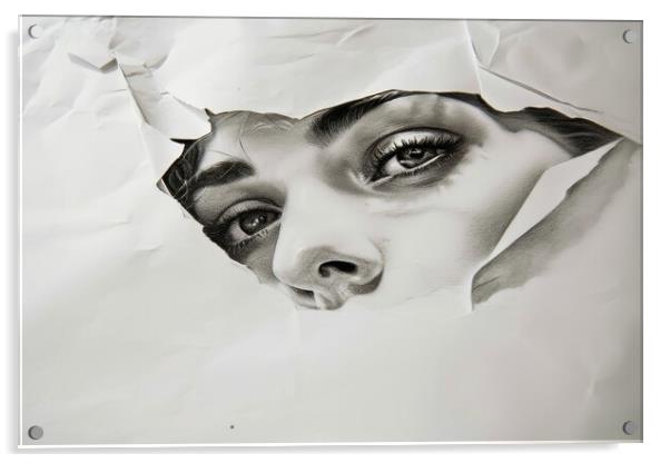 A pencil painting of a woman coming out of the paper. Acrylic by Michael Piepgras