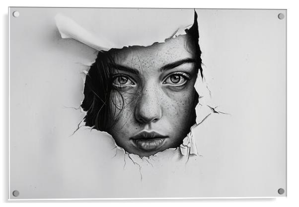 A pencil painting of a woman coming out of the paper. Acrylic by Michael Piepgras