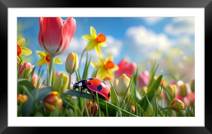 Ladybird and Spring Flowers Framed Mounted Print by T2 
