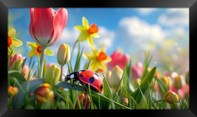 Ladybird and Spring Flowers Framed Print by T2 