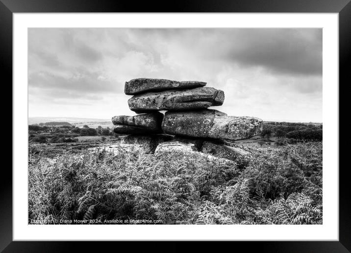 Carbilly Tor Cheesewring Monochrome Framed Mounted Print by Diana Mower