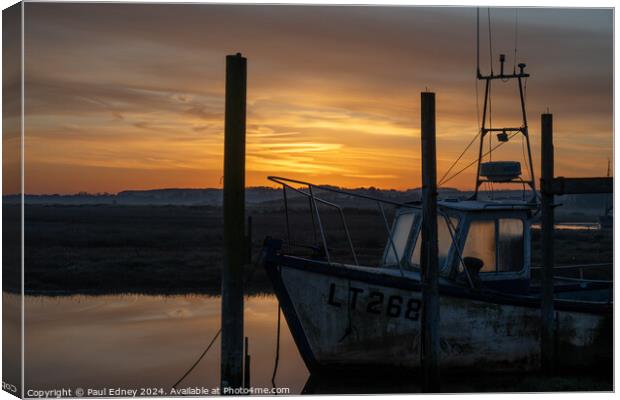 Golden sunrise over characterful boat Canvas Print by Paul Edney