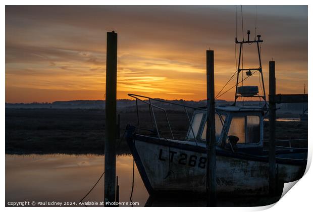 Golden sunrise over characterful boat Print by Paul Edney