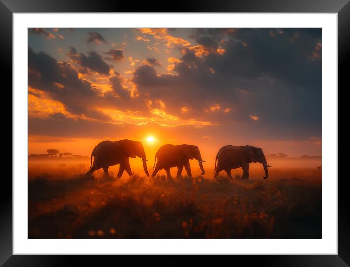 Sunset Safari Elephants Framed Mounted Print by Picture Wizard