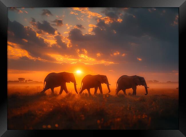 Sunset Safari Elephants Framed Print by Picture Wizard