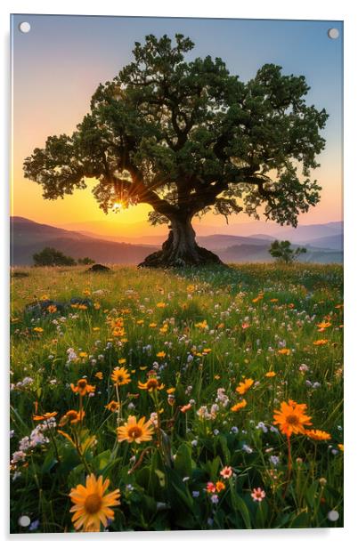 Oak Tree SUnrise Acrylic by Picture Wizard