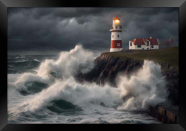 Stormy Seas at the Lighthouse Framed Print by Picture Wizard