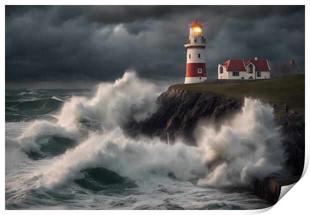 Stormy Seas at the Lighthouse Print by Picture Wizard